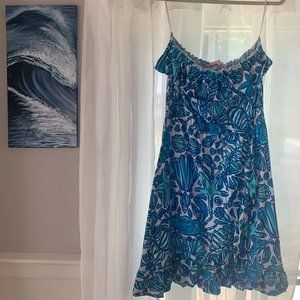 LILY PULITZER Blue Shell Pattern Strapless Dress